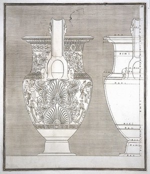 view The Hamilton vase: a wine-mixing bowl (krater) painted with a monument in which are a man with a horse, and with other figures; outline drawings from side with measurements. Engraving, 17--.