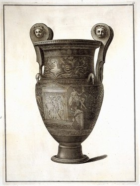 The Hamilton vase: a wine-mixing bowl (krater) painted with a monument in which are a man with a horse, and with other figures. Engraving, 17--.