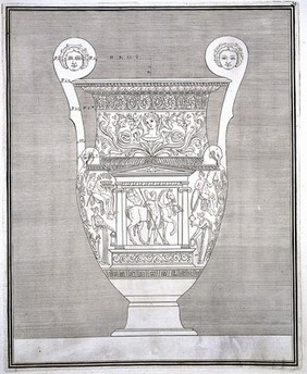The Hamilton vase: a wine-mixing bowl (krater) painted with a monument in which are a man with a horse, and with other figures; outline drawing from front with measurements. Engraving, 17--.
