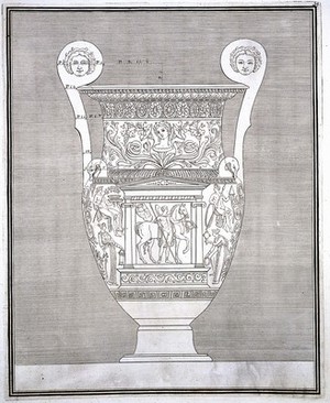 view The Hamilton vase: a wine-mixing bowl (krater) painted with a monument in which are a man with a horse, and with other figures; outline drawing from front with measurements. Engraving, 17--.