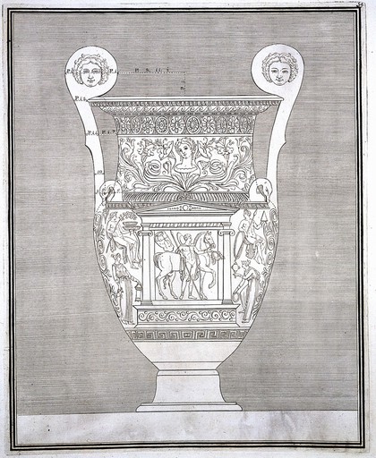 The Hamilton vase: a wine-mixing bowl (krater) painted with a monument in which are a man with a horse, and with other figures; outline drawing from front with measurements. Engraving, 17--.