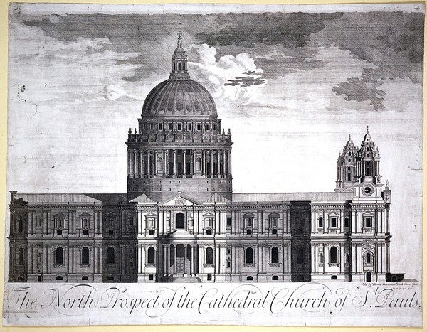 St Paul's cathedral, London: view from the north. Engraving by H. Hulsbergh. 17--.