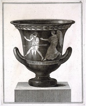 view A round wine-mixing bowl (calyx krater) painted with the hunter Cephalos being pursued by Eos (Dawn). Engraving, 17--.