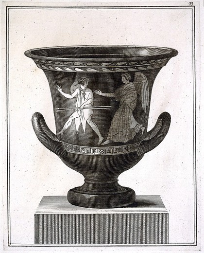 A round wine-mixing bowl (calyx krater) painted with the hunter Cephalos being pursued by Eos (Dawn). Engraving, 17--.