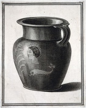 A vessel (olpe) for containing wine or oil, painted with the profile of a woman and a dolphin. Engraving, 17--.