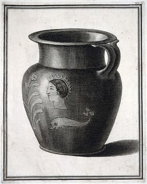 view A vessel (olpe) for containing wine or oil, painted with the profile of a woman and a dolphin. Engraving, 17--.