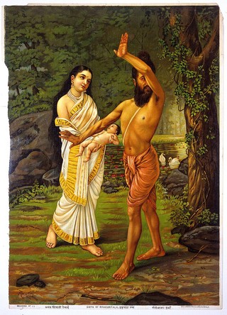 Viswāmitra rejecting his daughter Sakuntalā's birth. Chromolithograph by R. Varma.