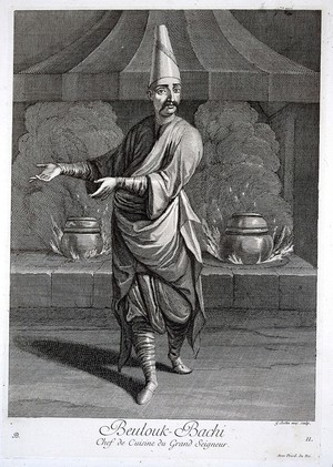 view Constantinople: the head cook in the imperial household. Engraving by G. Scotin the elder, 1714, after J.B. Van Mour.