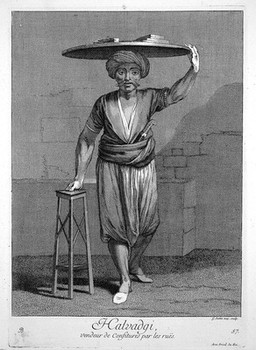 Constantinople: a street seller of confectionery with honey. Engraving by G. Scotin, 1714, after J.B. Van Mour.