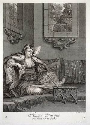 view Constantinople: a lady seated on a sofa, smoking a pipe. Engraving by G. Scotin, 1714, after J.B. Van Mour.