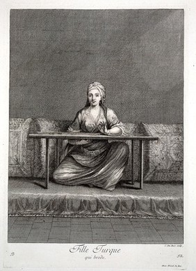 Constantinople: a girl embroidering. Engraving by C. Du Bosc, 1714, after J.B. Van Mour.