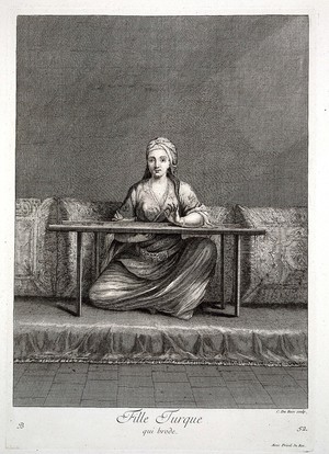 view Constantinople: a girl embroidering. Engraving by C. Du Bosc, 1714, after J.B. Van Mour.