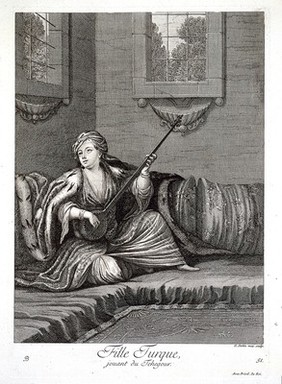 Constantinople: a girl playing the tehegour (guitar). Engraving by G. Scotin the elder, 1714, after J.B. Van Mour.