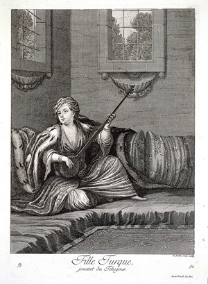 view Constantinople: a girl playing the tehegour (guitar). Engraving by G. Scotin the elder, 1714, after J.B. Van Mour.