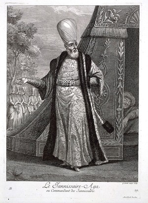 view Constantinople: the chief janissary. Engraving by G. Scotin the elder, 1714, after J.B. Van Mour.