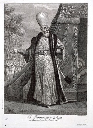 Constantinople: the chief janissary. Engraving by G. Scotin the elder, 1714, after J.B. Van Mour.