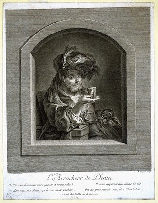 A French tooth-drawer wearing a turban and pretending to be Turkish in order to attract clients, holding a large tooth and an enormous tooth extractor. Engraving by N. Dupuis after F. Eisen.