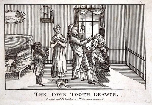 A tooth-drawer extracting a tooth from a fashionable and rich lady, while his black assistant and her white maid attend. Etching.