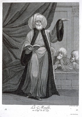 Constantinople: a mufti or authority on religious law. Engraving by G. Scotin the elder, 1714, after J.B. Van Mour.