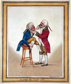 A tooth-drawer extracting a tooth from a patient who is seated on a stool. Coloured stipple engraving by J. Gillray, 1796.