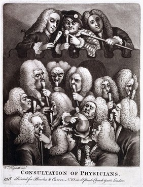 A shield containing a group portrait of various doctors and quacks, including Mrs Mapp, Dr. Joshua Ward and John Taylor. Mezzotint after W. Hogarth, 1736.