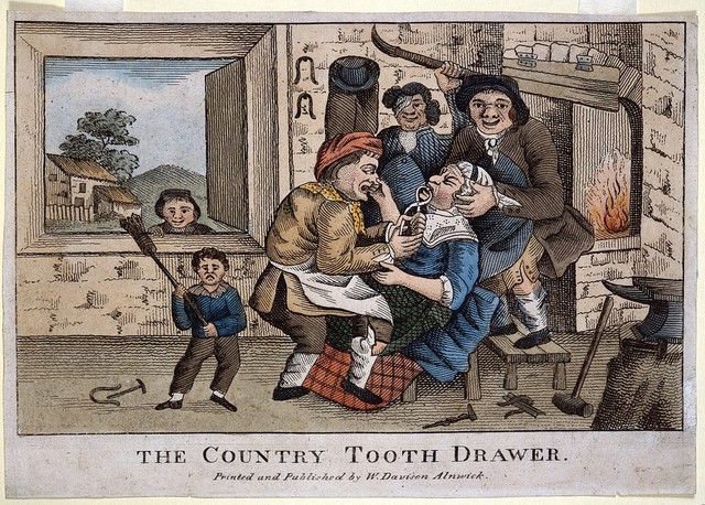 A country blacksmith in his forge extracting a tooth from a woman who is being restrained by her family. Etching.