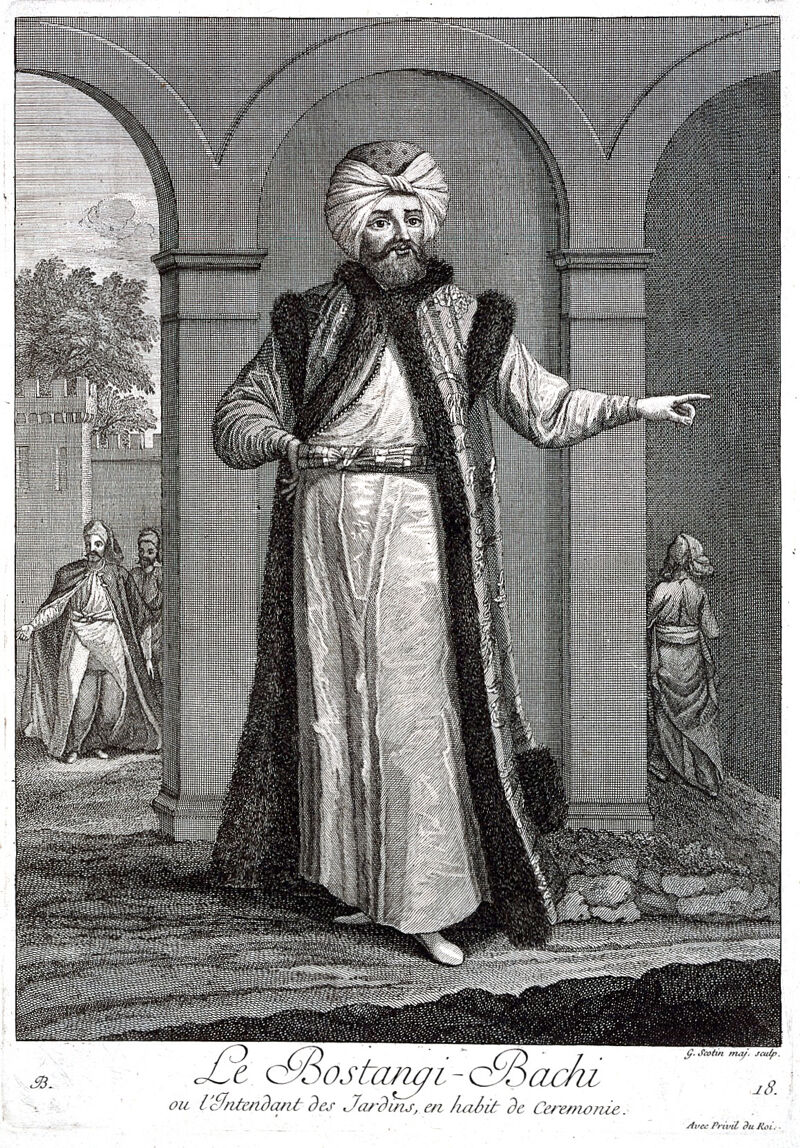 Constantinople: the superintendant of the buildings and gardens of the city. Engraving by G. Scotin the elder, 1714, after J.B. Van Mour., [1714], by Jean Baptiste Vanmour