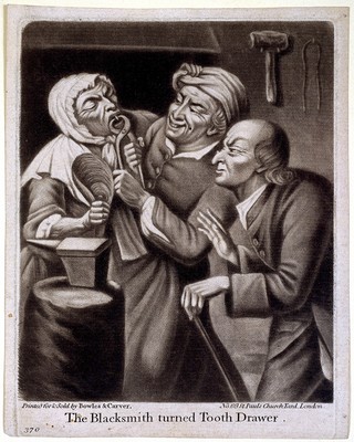 A rustic blacksmith turned tooth-drawer extracting a tooth from an anxious woman patient, her husband observes the situation. Mezzotint after J. Harris the elder.