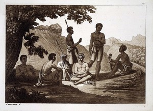 view Ethiopia: six Ethiopians resting, and the sailor Pierce in Ethiopian dress. Aquatint by C. Botigela, ca. 1819, after H. Salt.