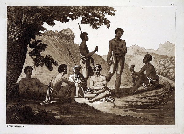 Ethiopia: six Ethiopians resting, and the sailor Pierce in Ethiopian dress. Aquatint by C. Botigela, ca. 1819, after H. Salt.