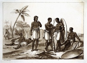 view Jagas (African warriors). Aquatint by G. Gallina, ca. 1819.