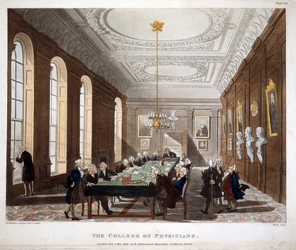 Royal College of Physicians, Warwick Lane, London: the interior of the Hall, during the examination of a candidate. Coloured aquatint by J. Bluck after T. Rowlandson and A. C. Pugin, 1808.