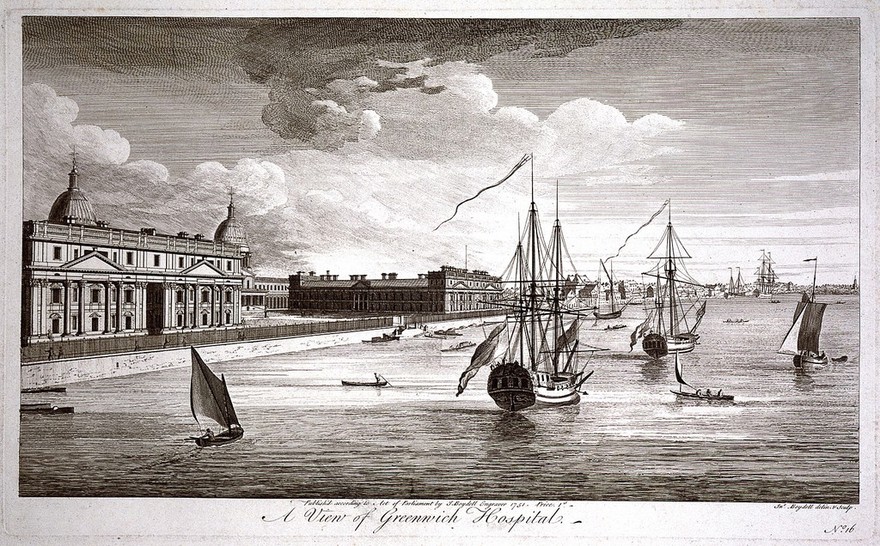 Royal Naval Hospital, Greenwich, seen from down river, with ships and rowing boats in the right foreground, houses in the distance. Engraving by J. Boydell after himself, 1751.
