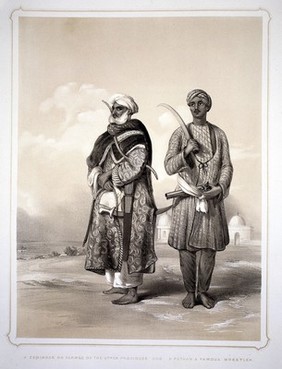 Two men in oriental dress bearing weapons. Lithograph by L.C. Dickinson, 1844, after Emily Eden.