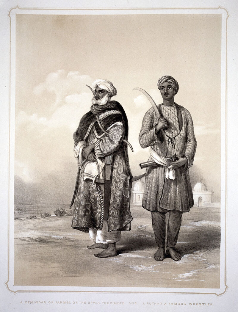 Two men in oriental dress bearing weapons. Lithograph by L.C. Dickinson, 1844, after Emily Eden., [1844], by Emily Eden