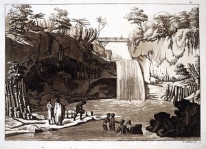 view Saint-Benoît, La Réunion, Indian Ocean: a waterfall in the Rivière des Roches, seen from the lowest of three water levels. Aquatint by G. Gallina, ca. 1819, after J.J. Patu de Rosemont.