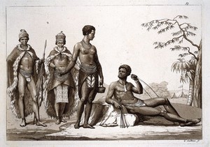 view Khoi people of the Gonaqua kingdom, southern Africa. Aquatint by G. Gallina, ca. 1819, after F. Le Vaillant.