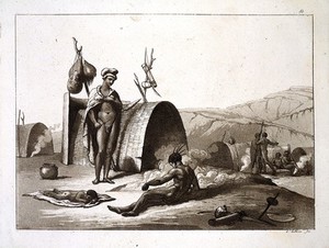 view Southern Africa: a family of Bushmen cooking grasshoppers. Aquatint by G. Gallina, ca. 1819.