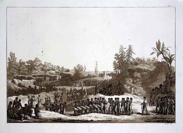 Guinea, West Africa: the procession in honour of the snake, marking the coronation on 16 April 1725. Aquatint by G. Gallina, ca. 1819, after R. Desmarchais.