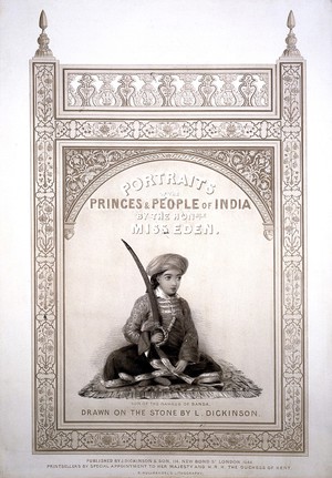 view The son of Nawaub of Banda seated on an oriental rug holding a sword within an ornate border. Lithograph by L.C. Dickinson, 1844, after Emily Eden.