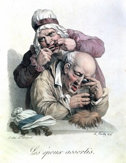 A couple assemble their false body parts: false teeth, a glass eye and wigs. Coloured lithograph by F-S. Delpech after L. Boilly, 1825.