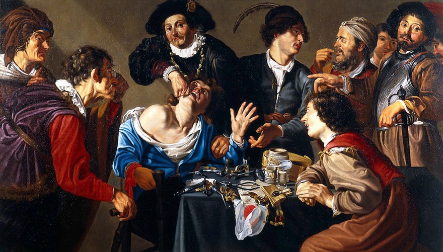 A troupe of travelling performers including a toothdrawer. Oil painting, 16--, after Theodor Rombouts.