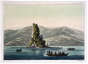 view New Eddystone Rock near Ketchikan, Alaska. Coloured aquatint by P. Fumagalli, ca. 1820.