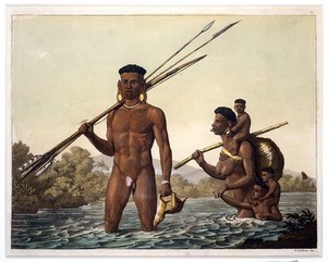 view Botocudo people of the Rio-Grande de Belmonte, Brazil. Coloured aquatint by G. Gallina, ca. 1821, after M. Wied-Neuwied.