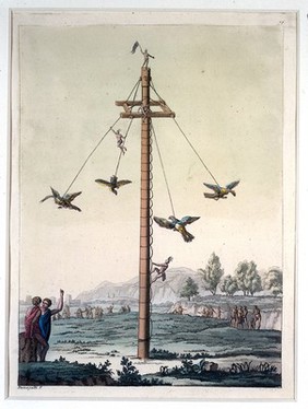 Mexico: acrobats dressed as eagles fly around a pole. Coloured aquatint by P. Fumagalli, ca. 1820.