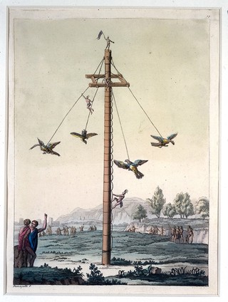 Mexico: acrobats dressed as eagles fly around a pole. Coloured aquatint by P. Fumagalli, ca. 1820.