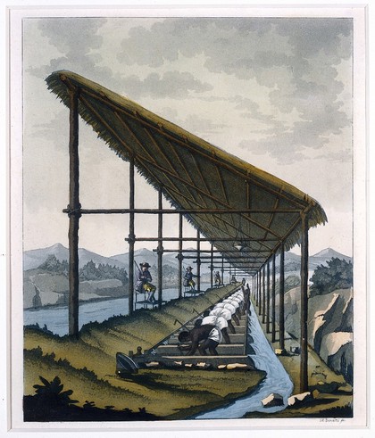 Sêrro do Frio, Minas Gerais, Brazil: slaves washing soil for diamonds, supervised by men with whips. Coloured aquatint by D. Klemi-Bonatti, 1821, after J. Mawe.