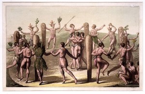 view Indians of Virginia dancing. Coloured aquatint by G. Gallina, ca. 1820.