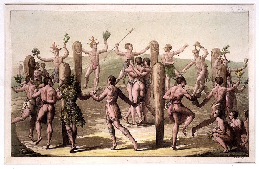 Indians of Virginia dancing. Coloured aquatint by G. Gallina, ca. 1820.
