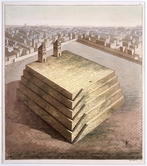 view Mexico: reconstruction of the teocal (Aztec pyramidal temple) of Cholula. Coloured aquatint by P. Fumagalli, ca. 1820.